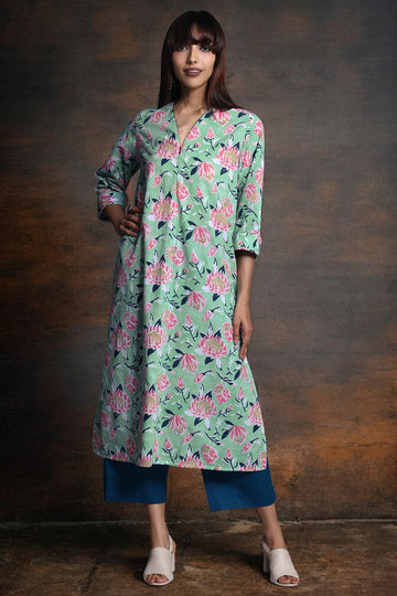 front zipper a-line kurta - serene ocean & aqua rose