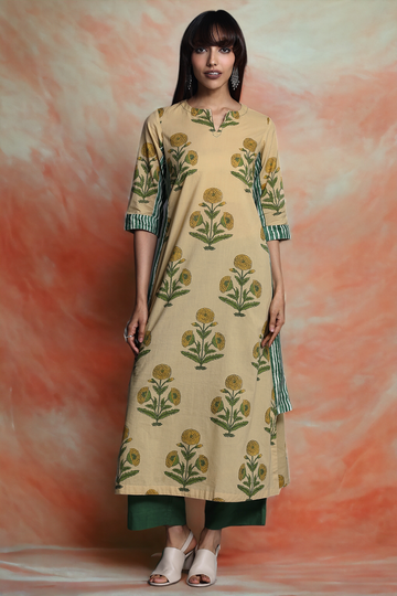 kurta with a side twist - beige meadowscape & prairie poppies