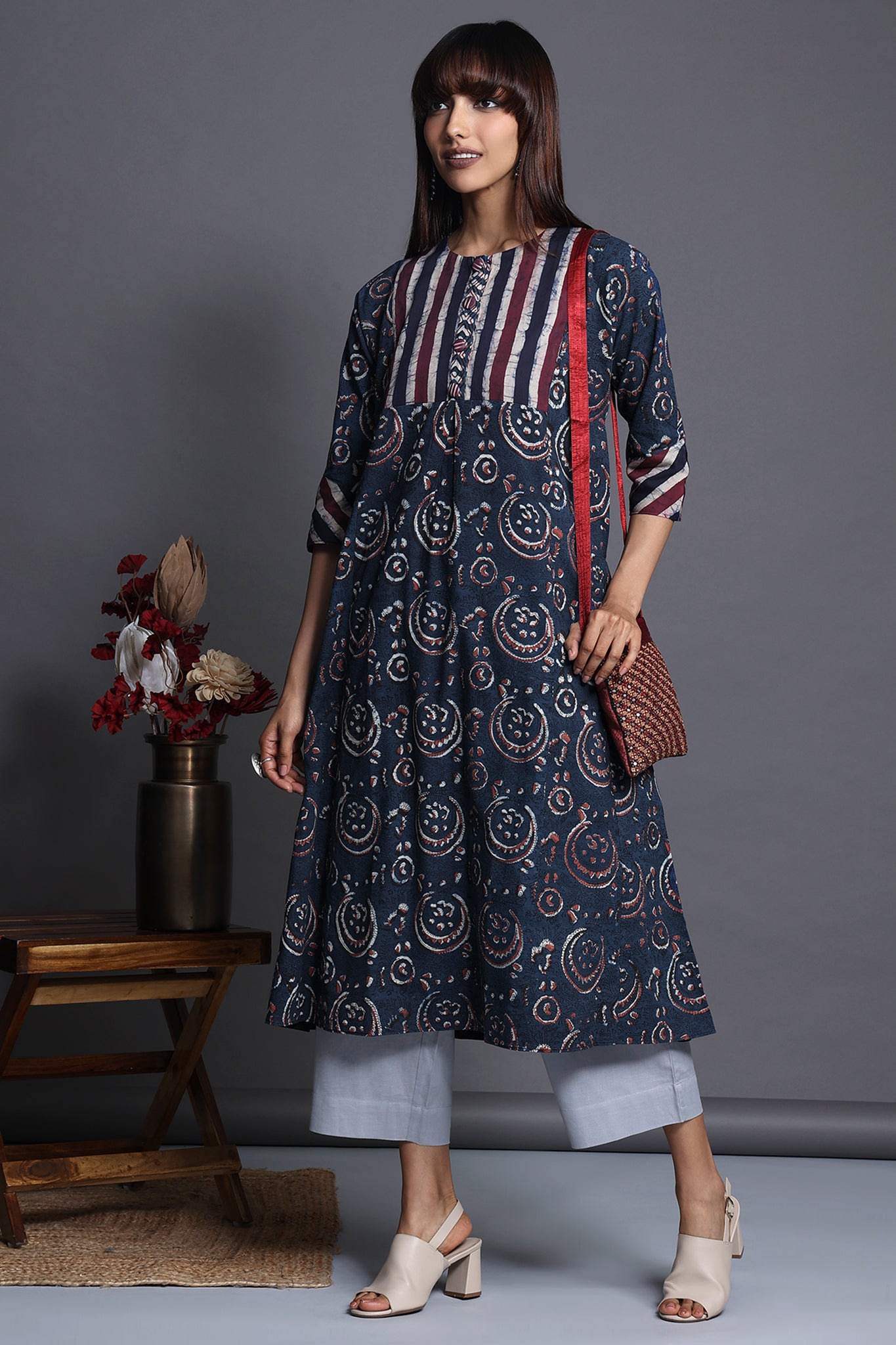 a-line kalidar kurta - indigo chandbali & purple plumage - maati crafts