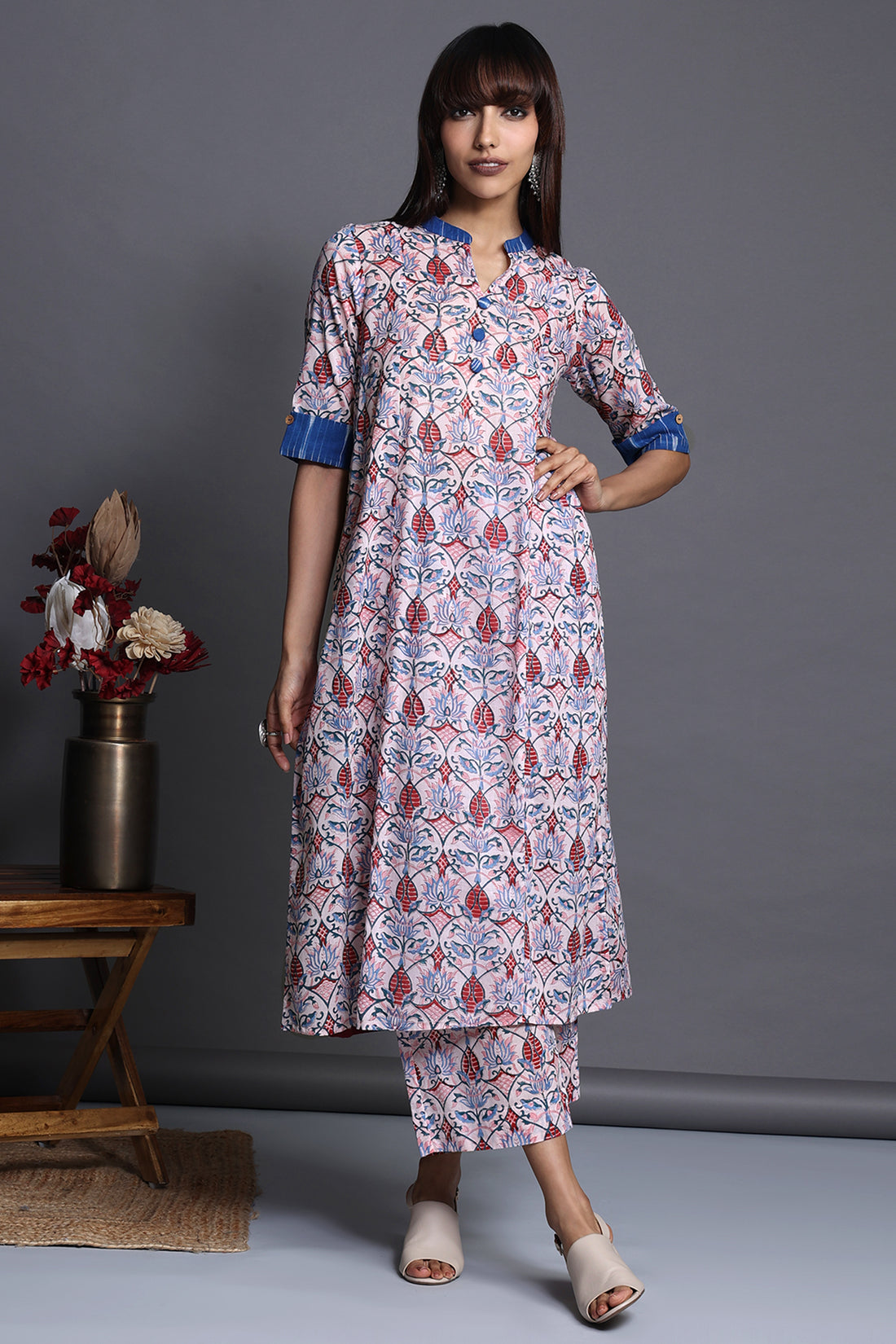 long yoke panel kurta - rose quartz & azure blooms