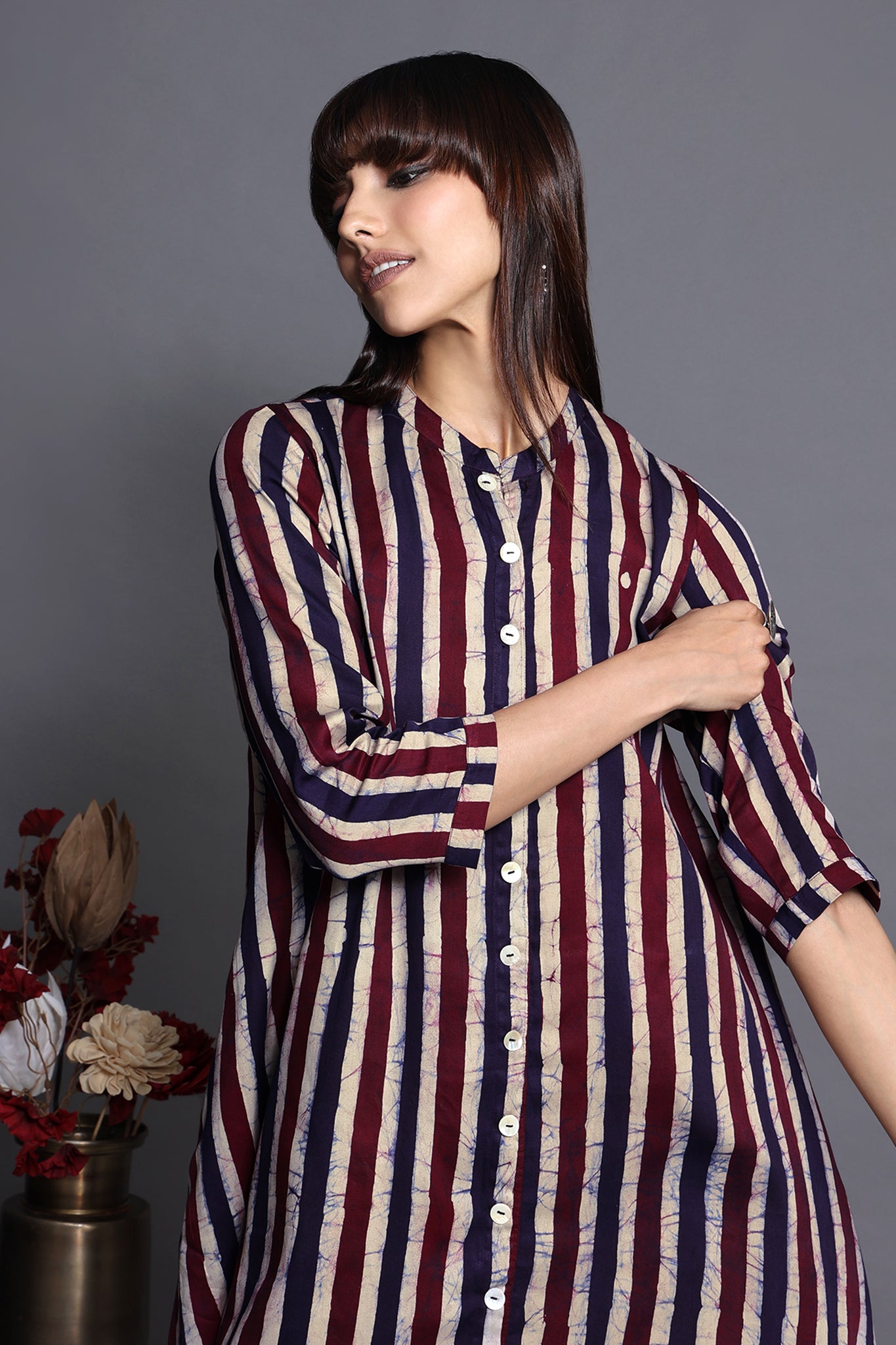 Asymmetric apple cut round knee length hemline button down button down kurta  with pockets purple blue stripes in batik satin fabric  