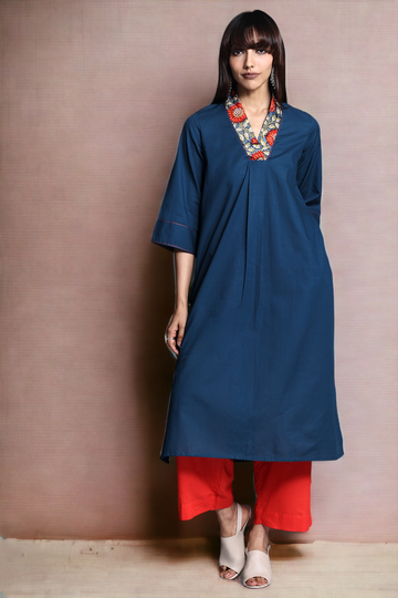 v-neck kurta with side slit - indigo nightfall & orange nasturtium