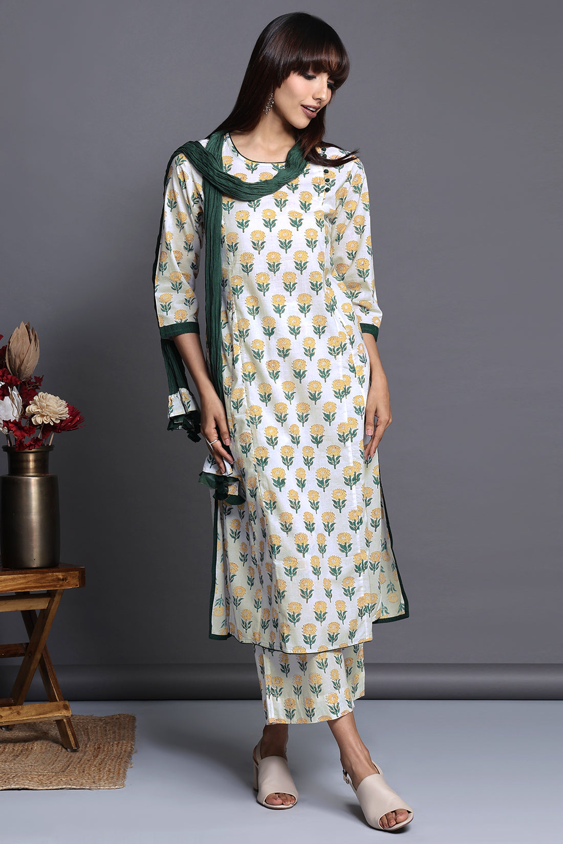 side potli long kurta with slit - lush white & sunflower meadow