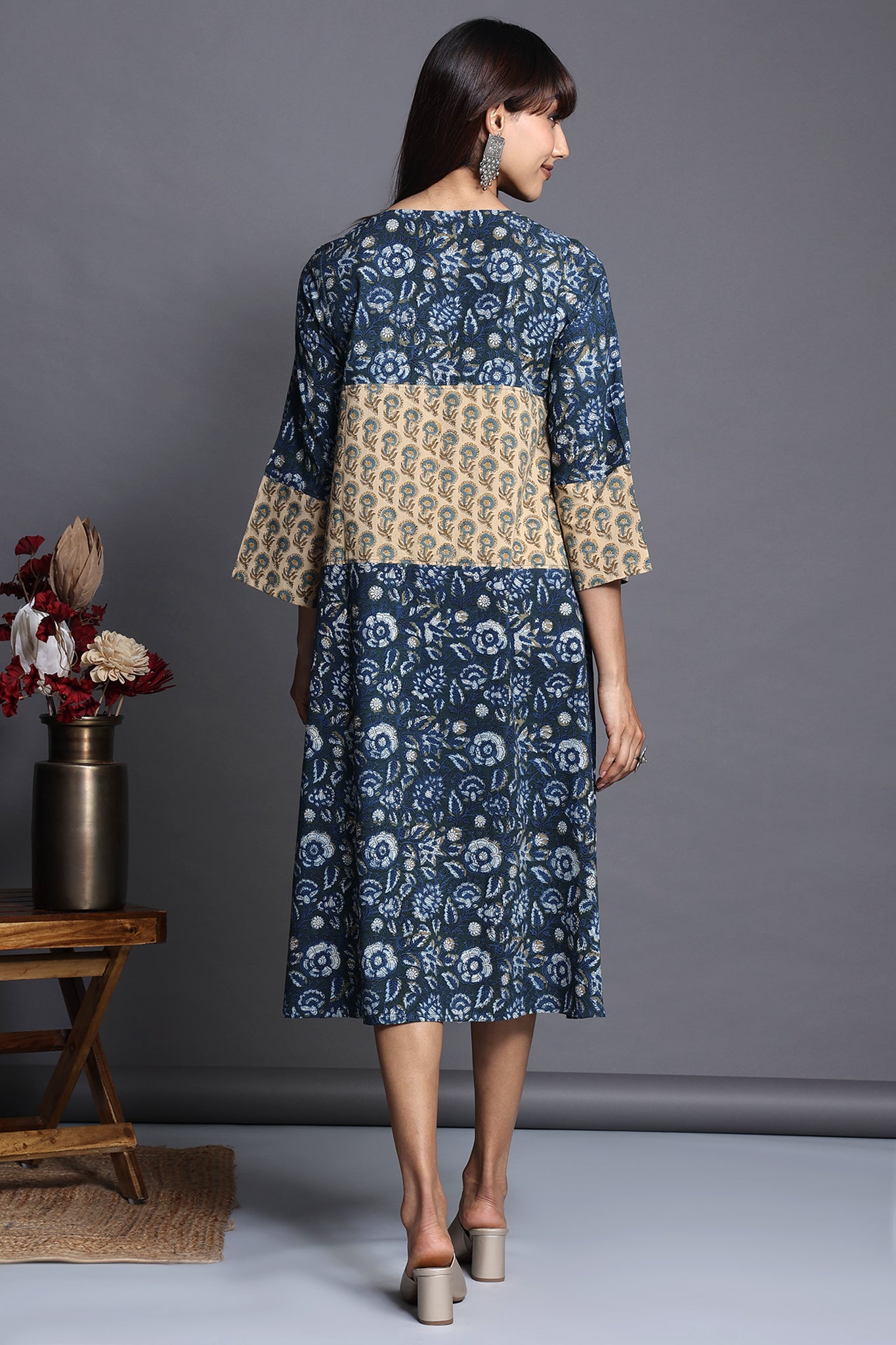 Kimono kaftan style dress with wide sleeves and tie up in Indigo hand block printed with yellow hand block print panel 