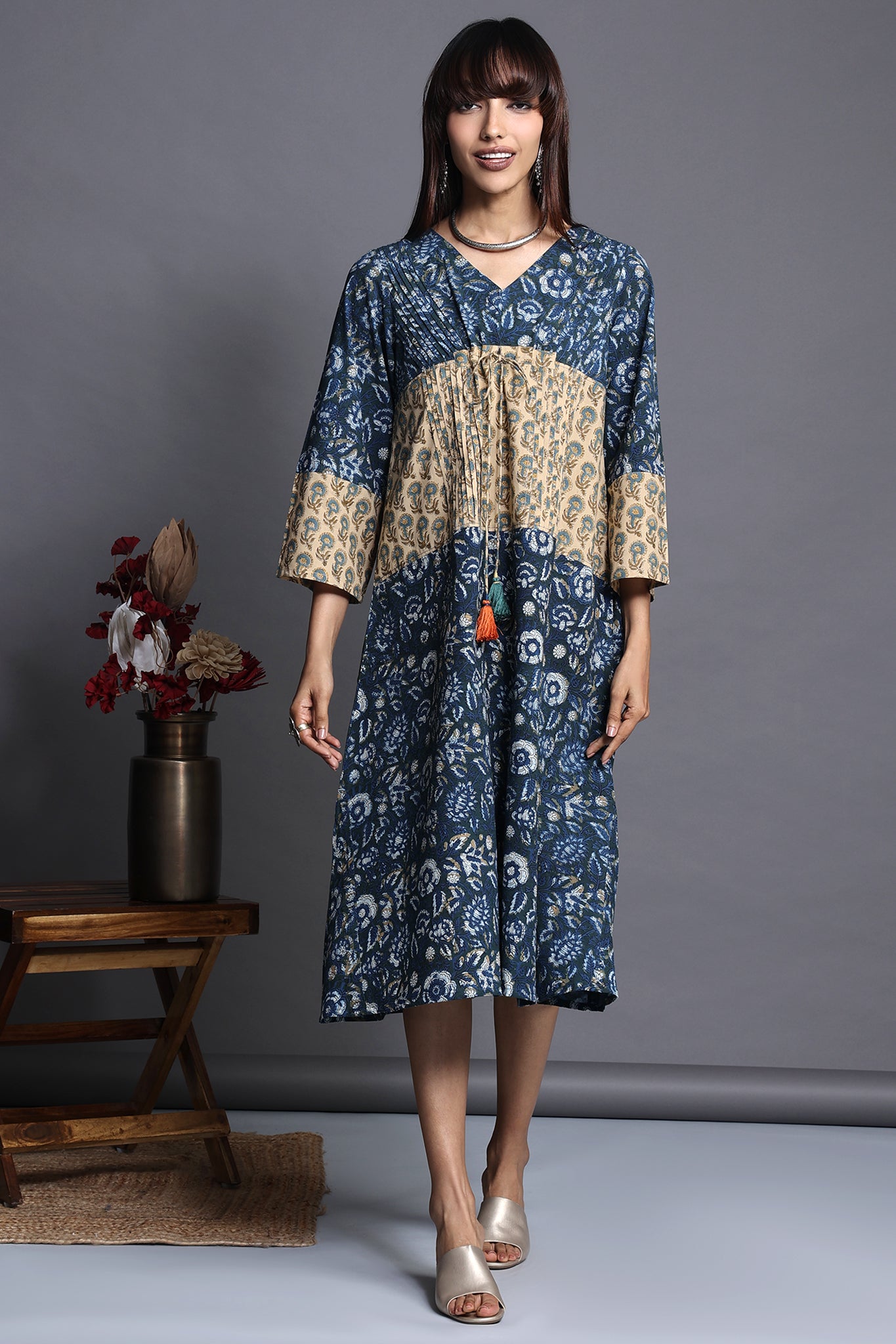 Kimono kaftan style dress with wide sleeves and tie up in Indigo hand block printed with yellow hand block print panel 