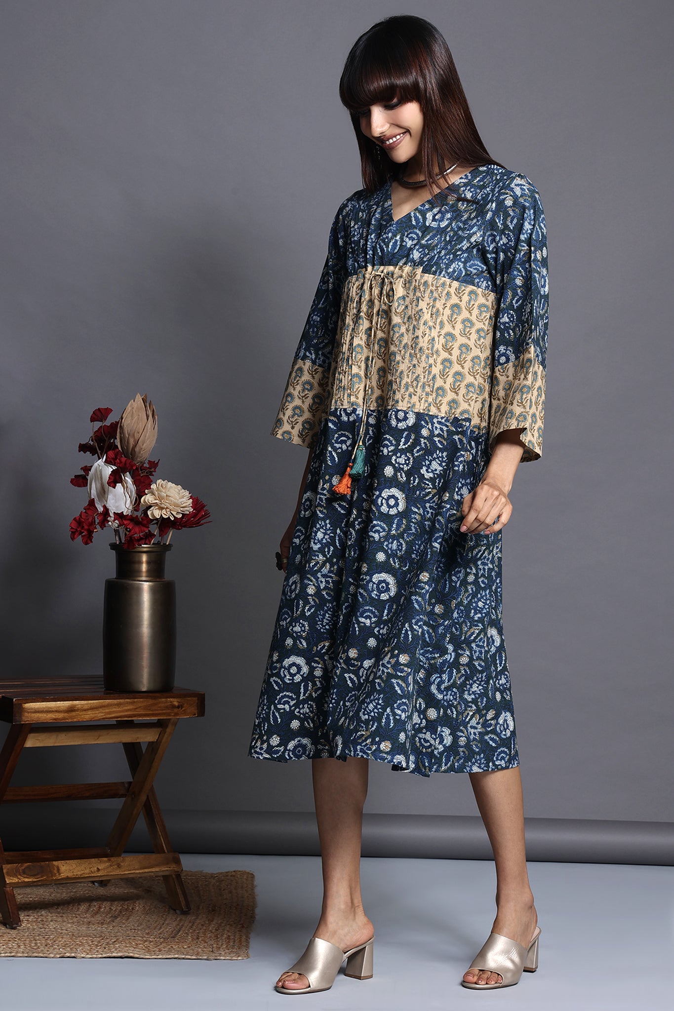 Kimono kaftan style dress with wide sleeves and tie up in Indigo hand block printed with yellow hand block print panel 