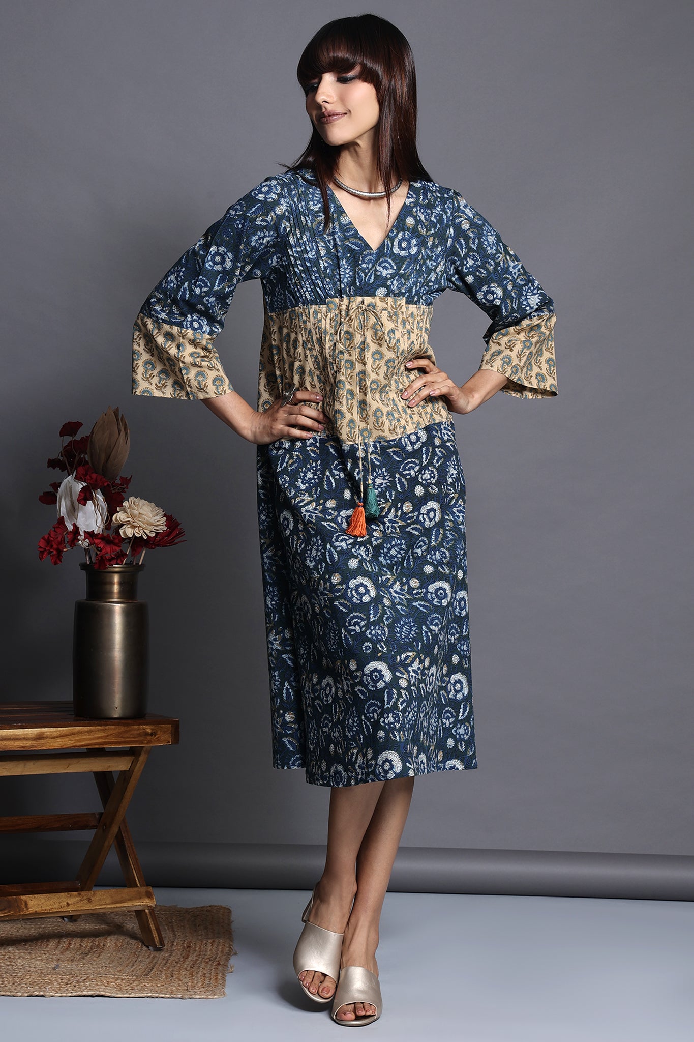 Kimono kaftan style dress with wide sleeves and tie up in Indigo hand block printed with yellow hand block print panel 