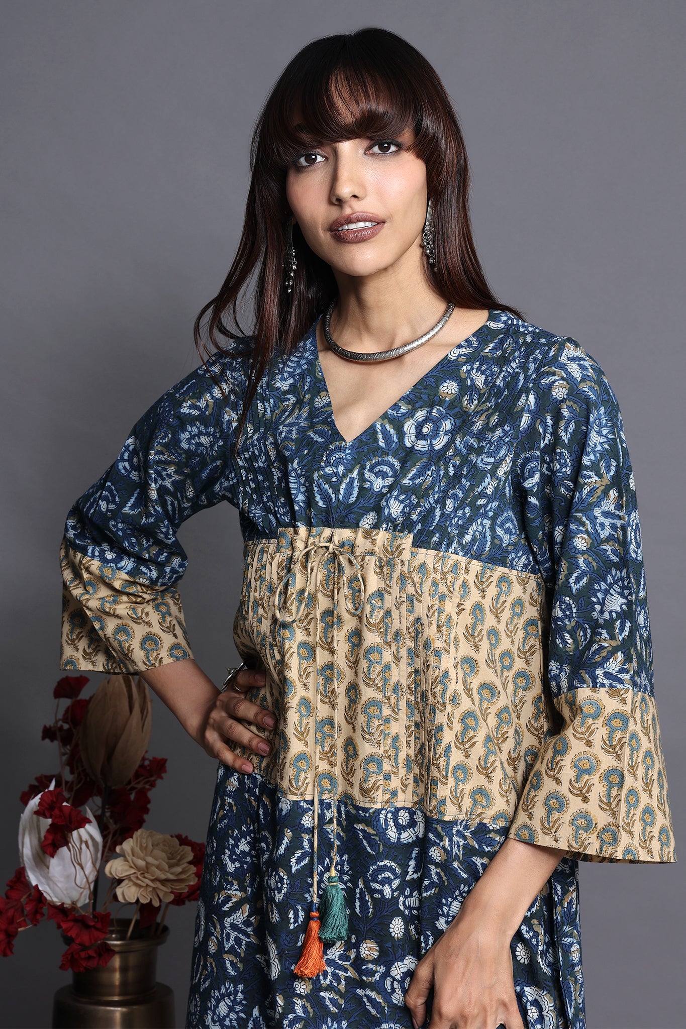 Kimono kaftan style pintuck dress with wide sleeves and tie up in Indigo hand block printed with yellow hand block print panel 