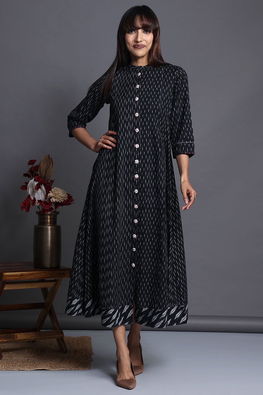 mandarin collar long button down maxi dress - ink - drenched starry night