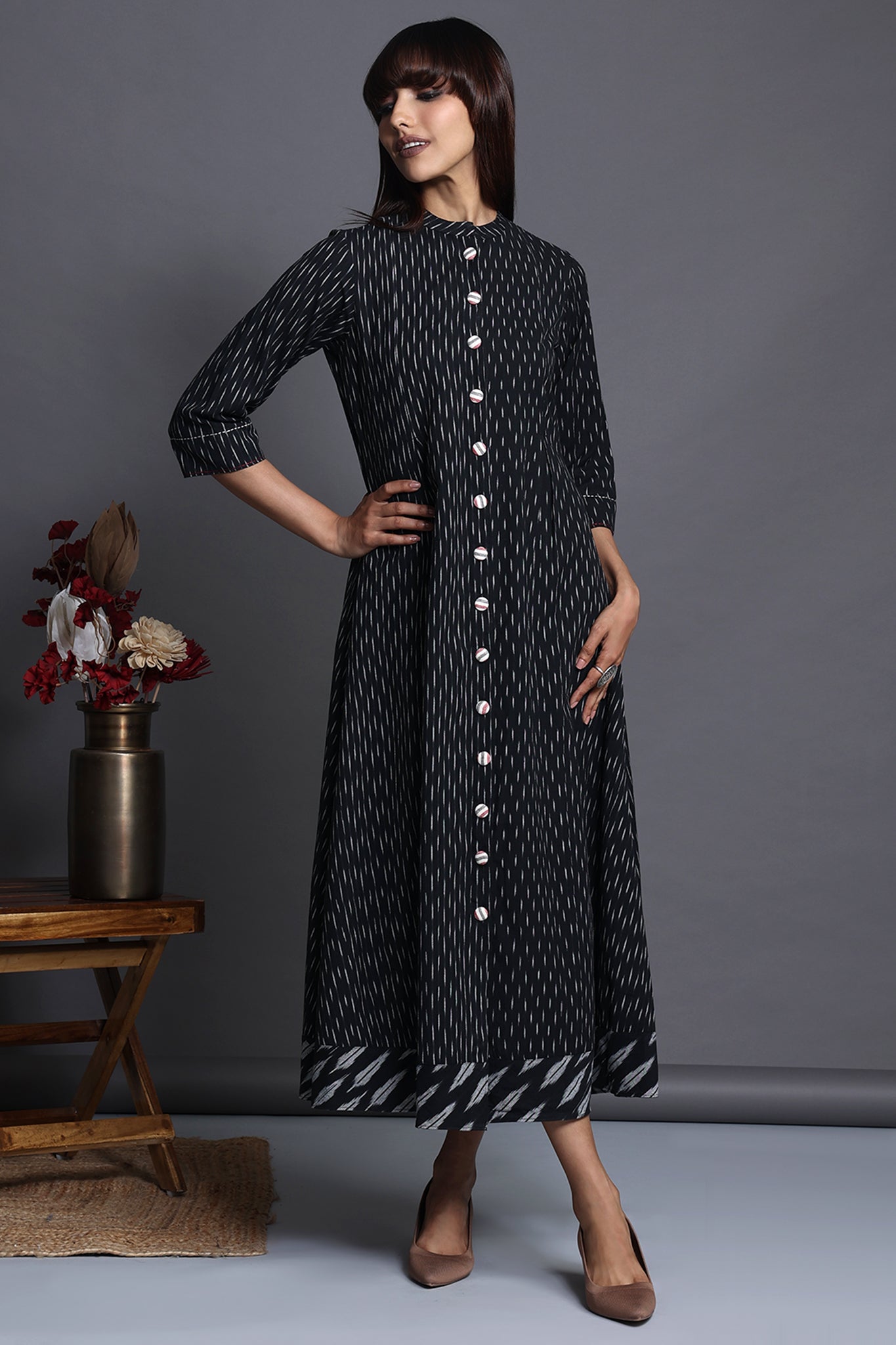 mandarin collar long button down maxi dress - ink - drenched starry ni ...