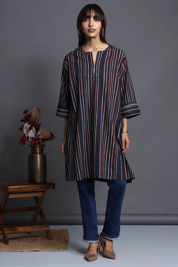 Indigo red hand block striped relaxed fit knee length tunic with collar and shirr cuff