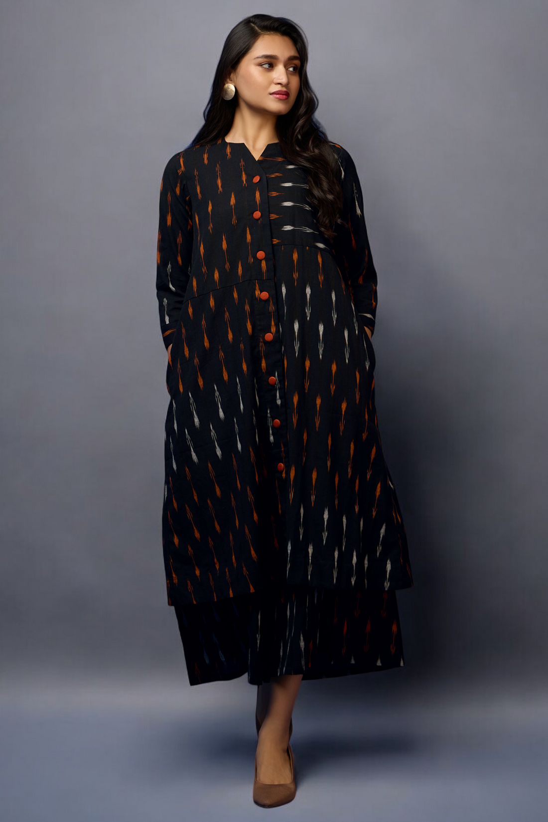 button down tunic kurta with hand stitched details - Rustic Noir & Ebony Elegance