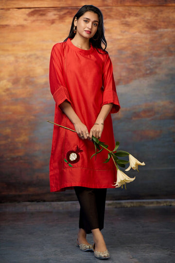 chanderi silk pleated low slit kurta with pockets & sleeve details - ruby red & pomegranate poetry