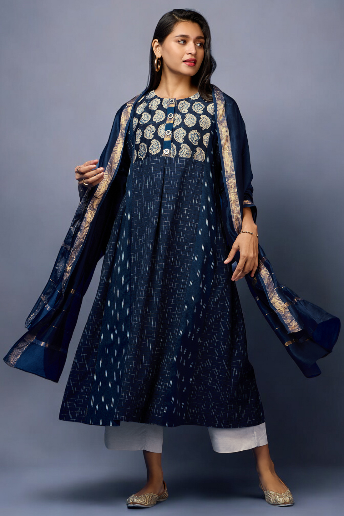 a-line kalidar kurta - Sapphire Night & Silver Blooms