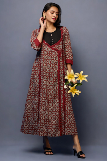 mughal dori angrakha with sleeveless dress - Raven Garden & Ruby Blossoms