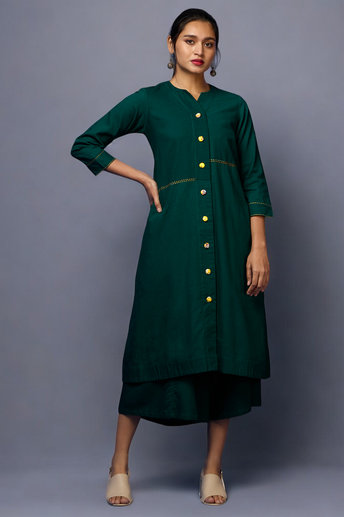 button down tunic kurta with hand stitched details - Evergreen Opulence & Lush Charm