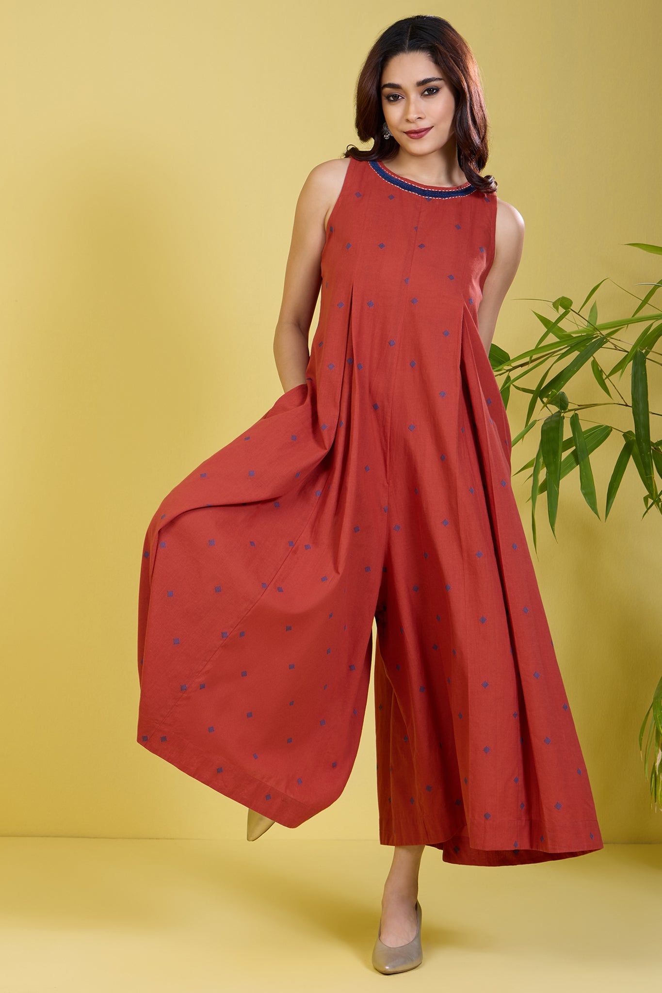 rust sleeveless jumpsuit with pockets copper sky - maati crafts