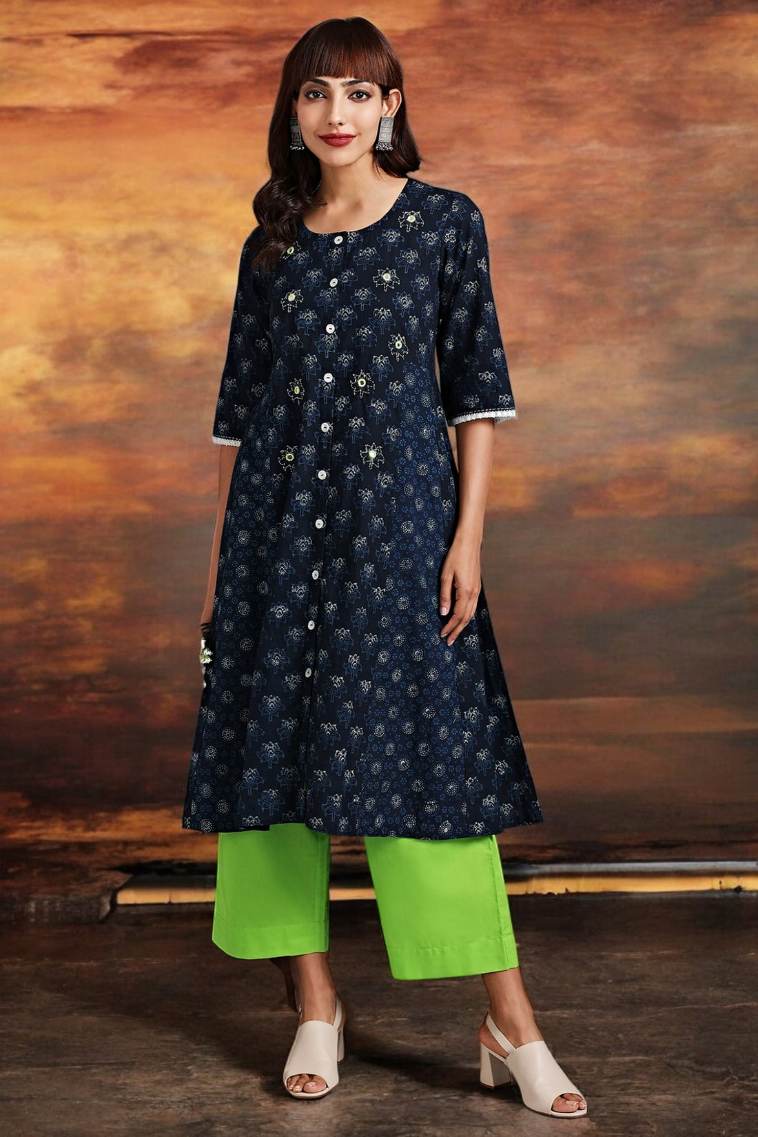 side panel a-line button down kurta - onyx glitter & green daylily