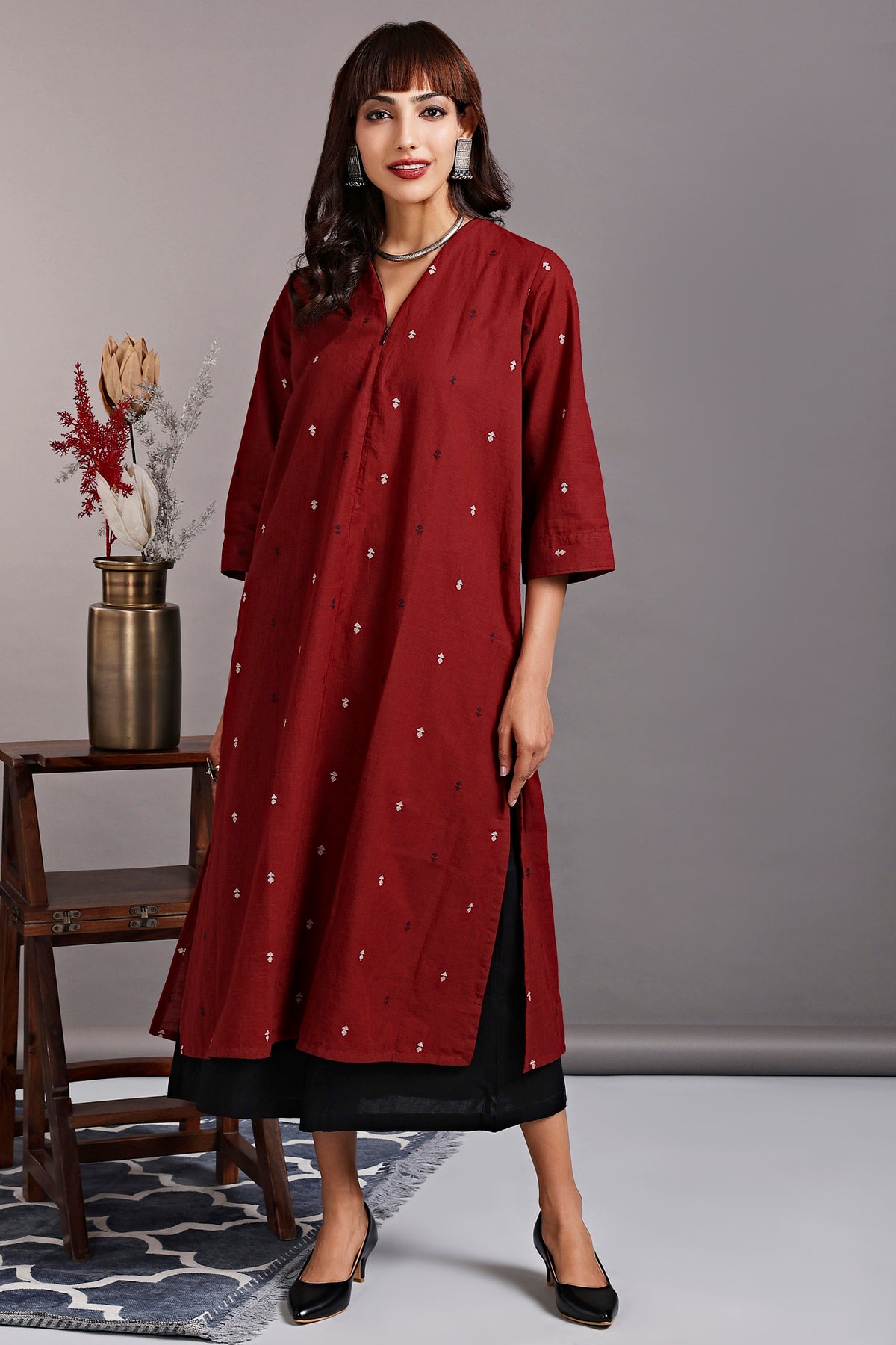 front zipper a-line kurta - rustic red & spring evenings - maati crafts