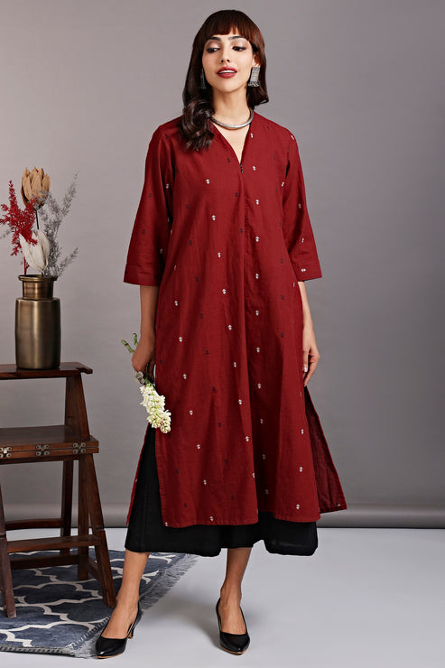 front zipper a-line kurta - rustic red & spring evenings - maati crafts