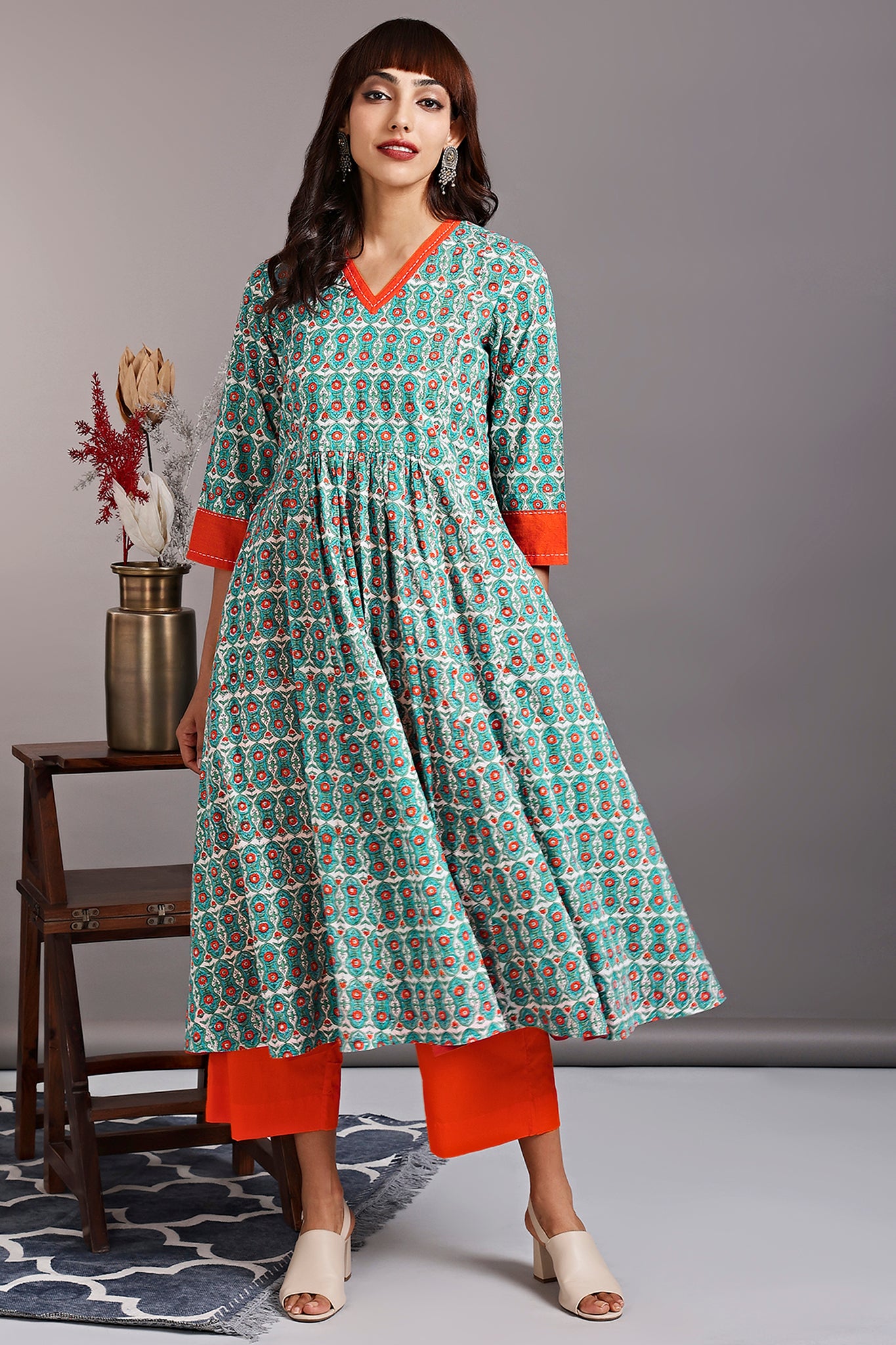 v-neck kali kurta - turkish teal & sunset lotus