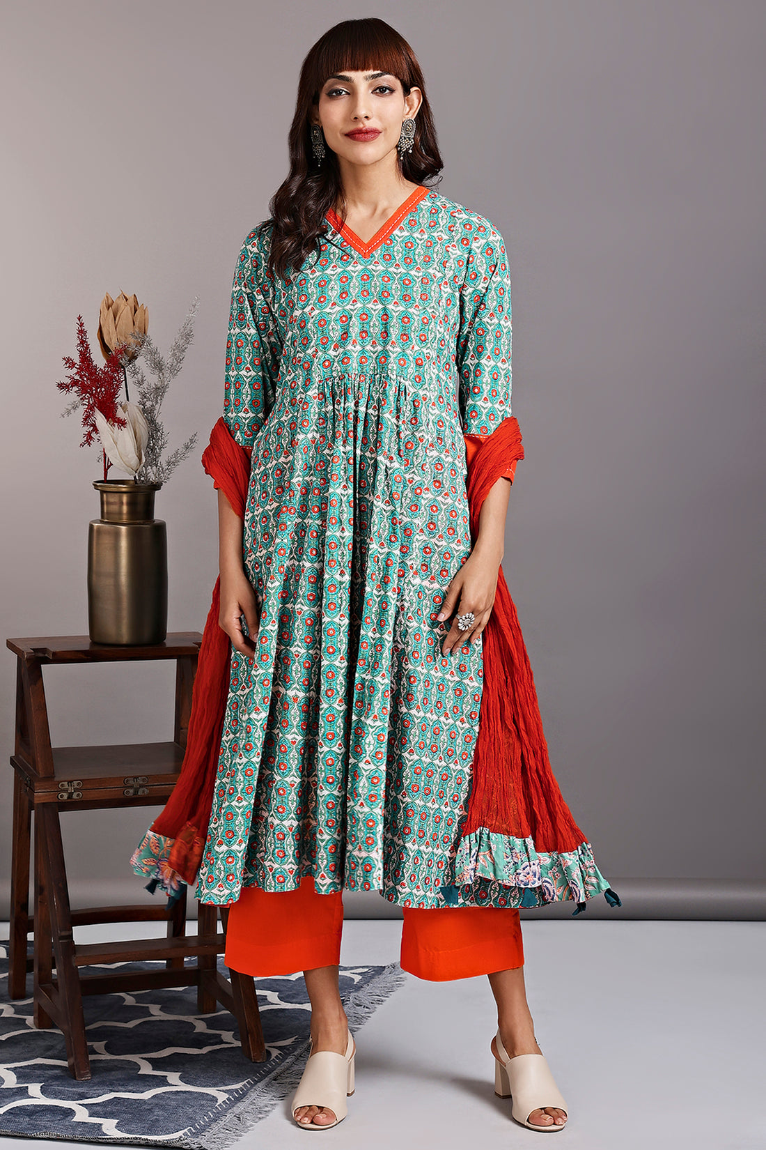 v-neck kali kurta - turkish teal & sunset lotus