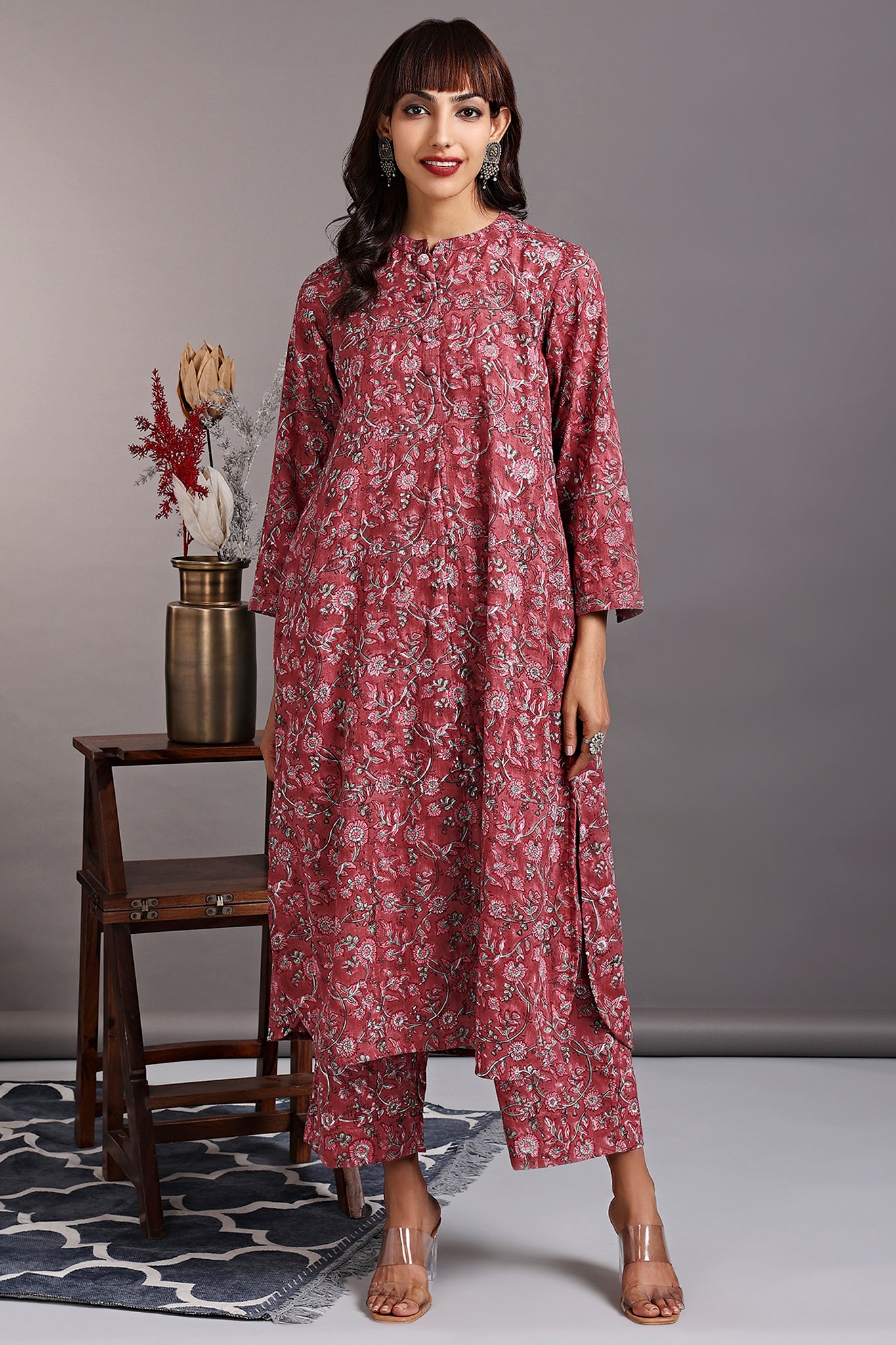 stand collar kurta with round hem - rose vale & iris bouquet - maati crafts