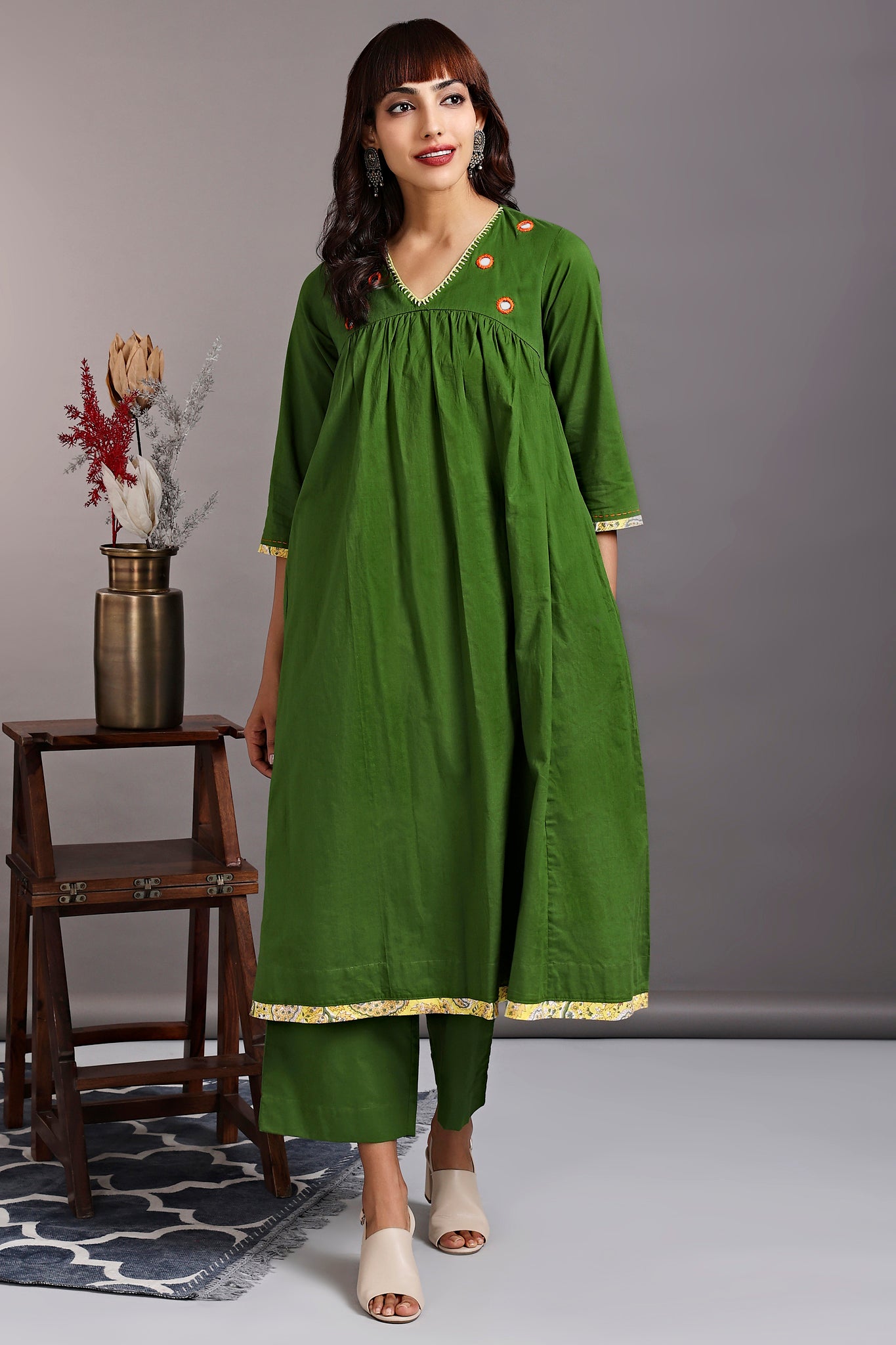 Herbs Green Floral Printed Summer Cotton Dress with Embroidery, Dresses, Green