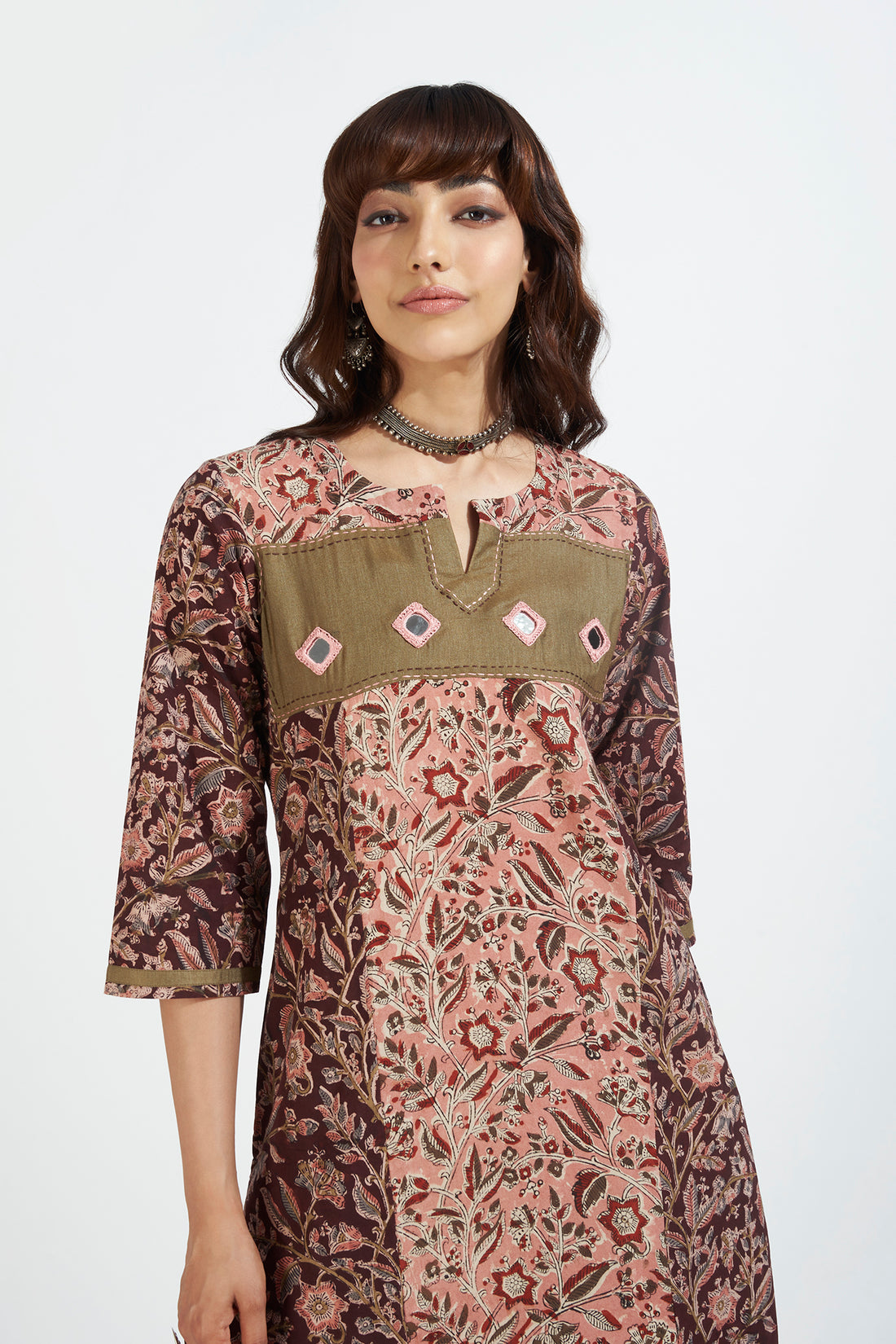 patchwork long kurta with slit - harmonious peach & earth florals