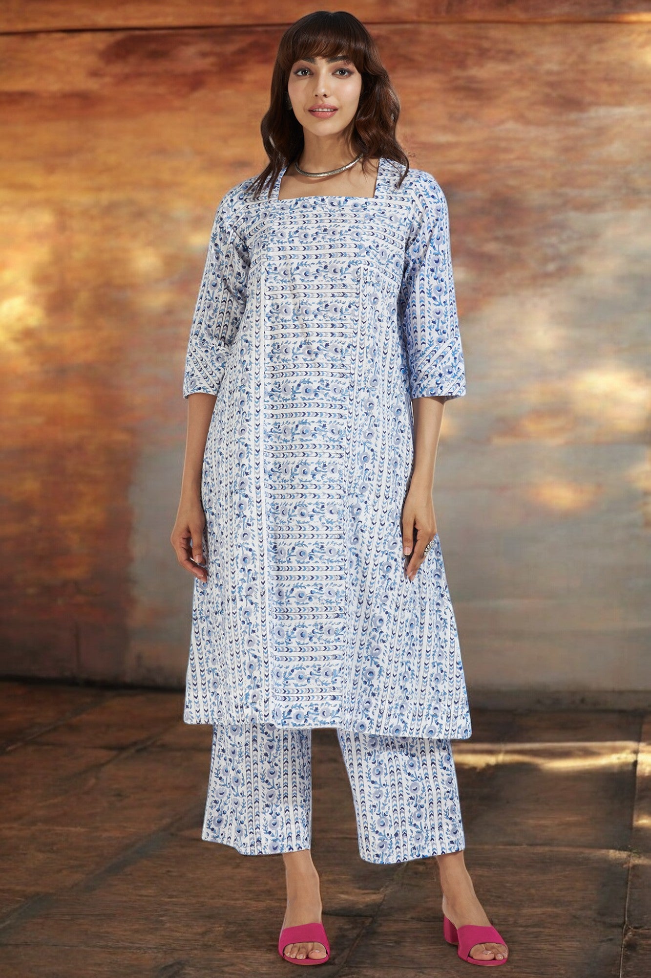 square neck paneled kurta - whispering skyline & azure bloom