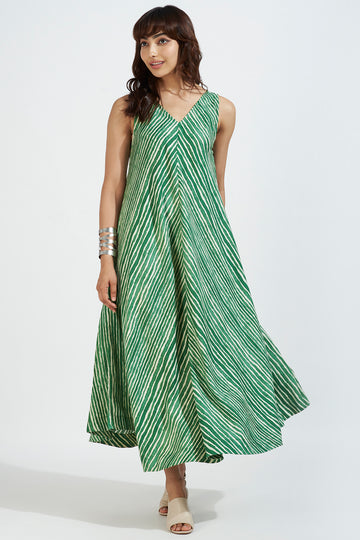 strap sleeveless bias v-neck dress - verdant vineyard & porcelain stripes