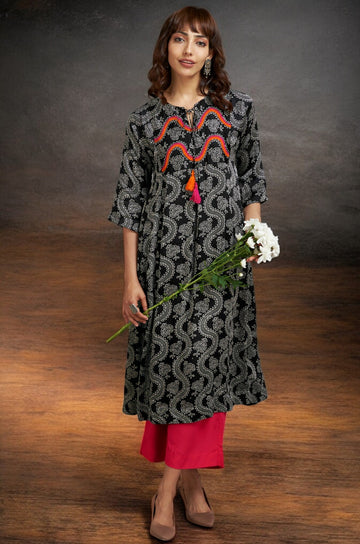 silk modal kalidar kurta with dori - midnight dreams & vermillion mist