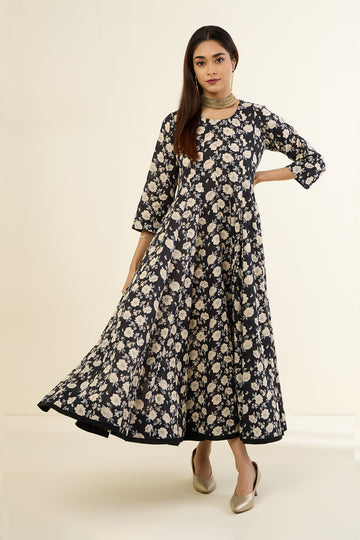 Black & Ivory Floral Enchantment Long Swirl Dress