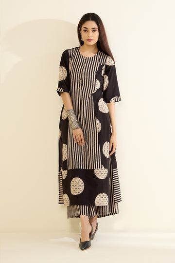 Midnight Rings and Stripes Long Panelled Kurta with Slit