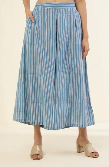 box pleated culotte - blue grey printed stripes