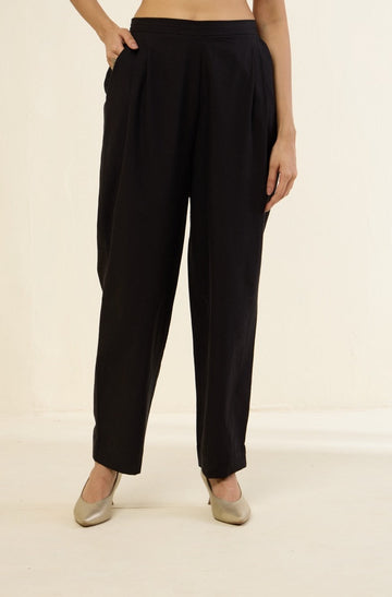 comfort fit pleated front pants  - black cotton