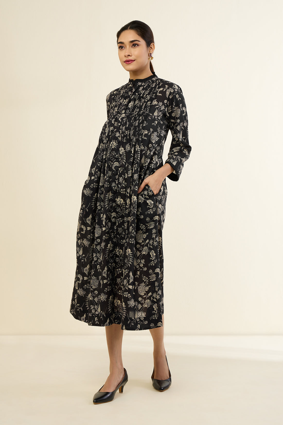 Floral Noir Pleated Pintuck Button Down Dress