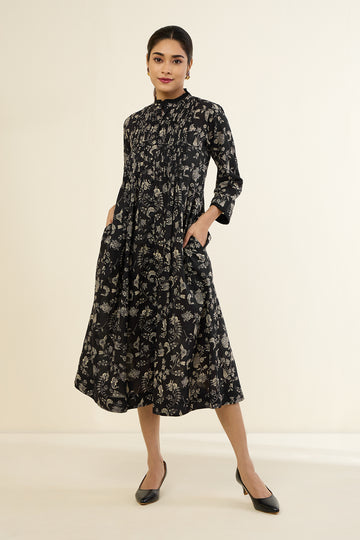 Floral Noir Pleated Pintuck Button Down Dress