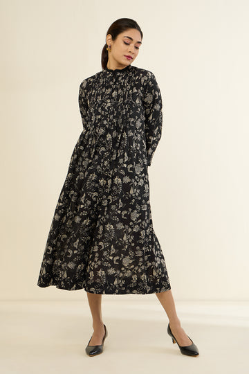 Floral Noir Pleated Pintuck Button Down Dress