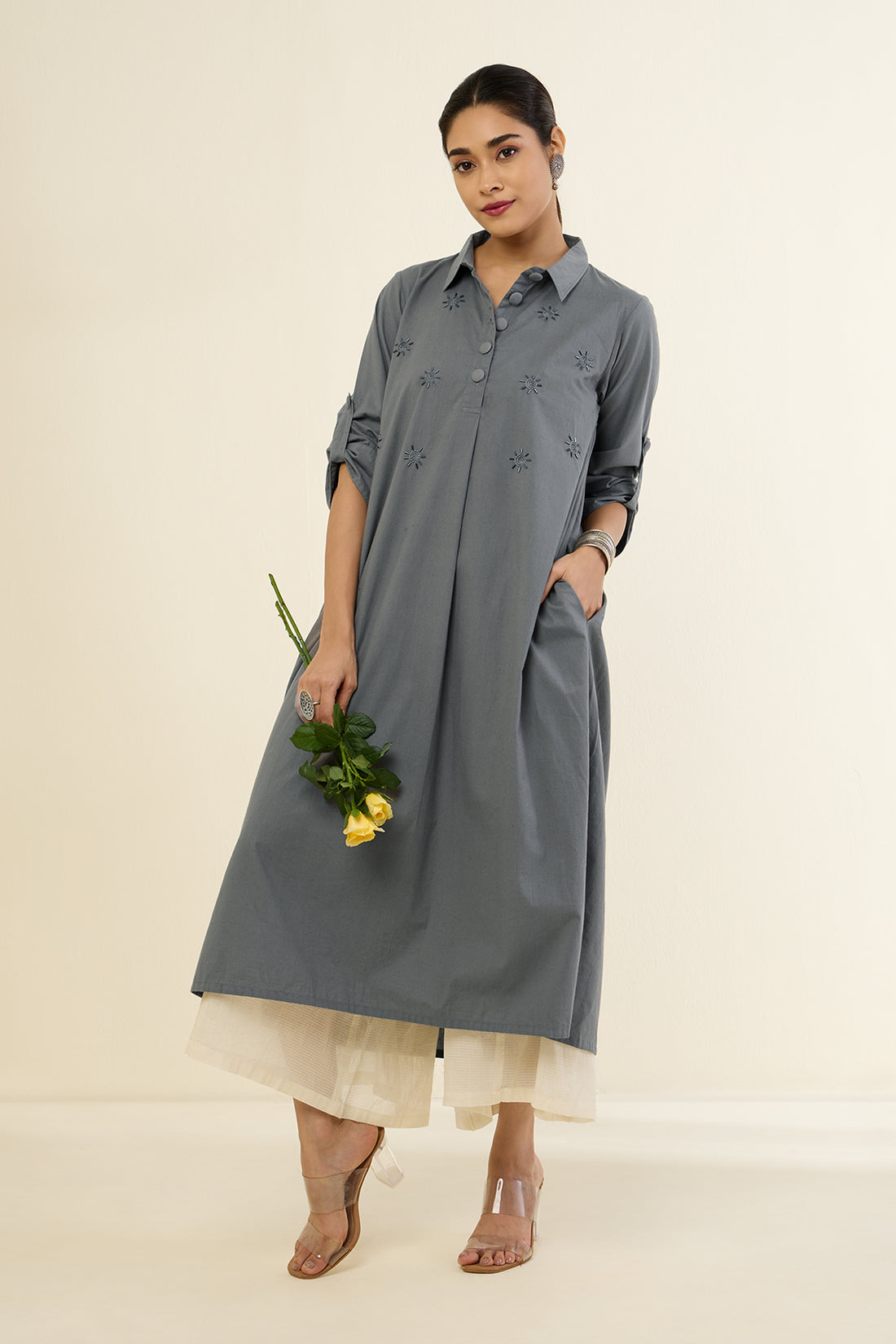 Shimmering Grey Sequin Long Cotton Shirt Dress with Slits