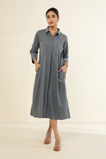 Shimmering Grey Sequin Long Cotton Shirt Dress with Slits