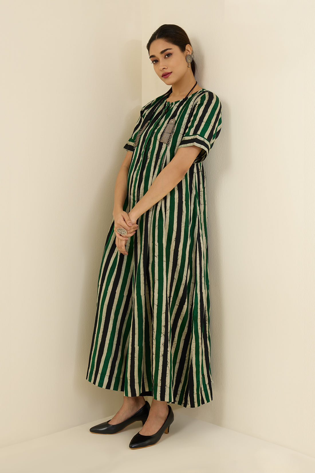 Vibrant Emerald Blue Stripes Jumpsuit with Pockets & Front Opening