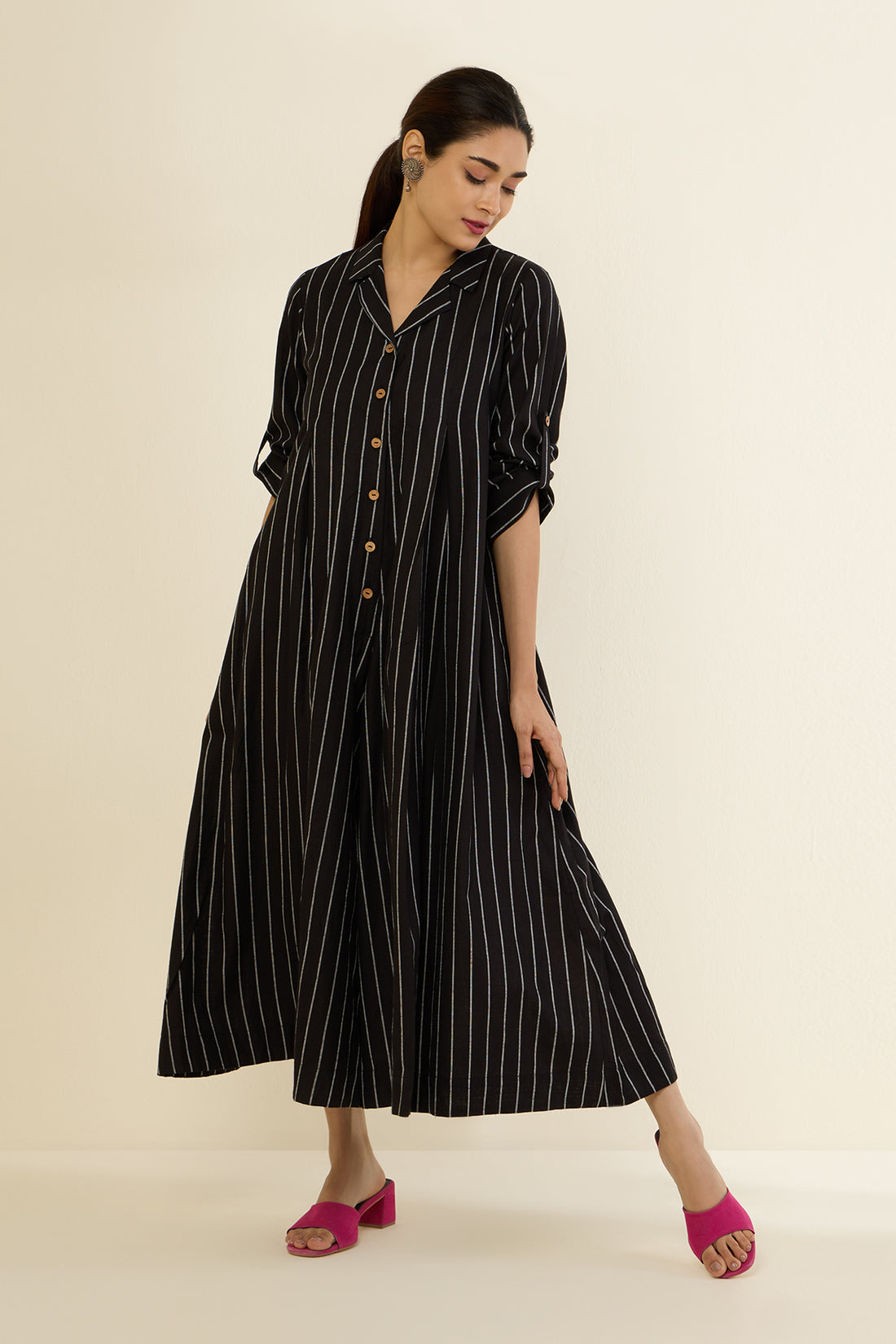 Classic Striped Monochrome Jumpsuit with Pockets & Collar