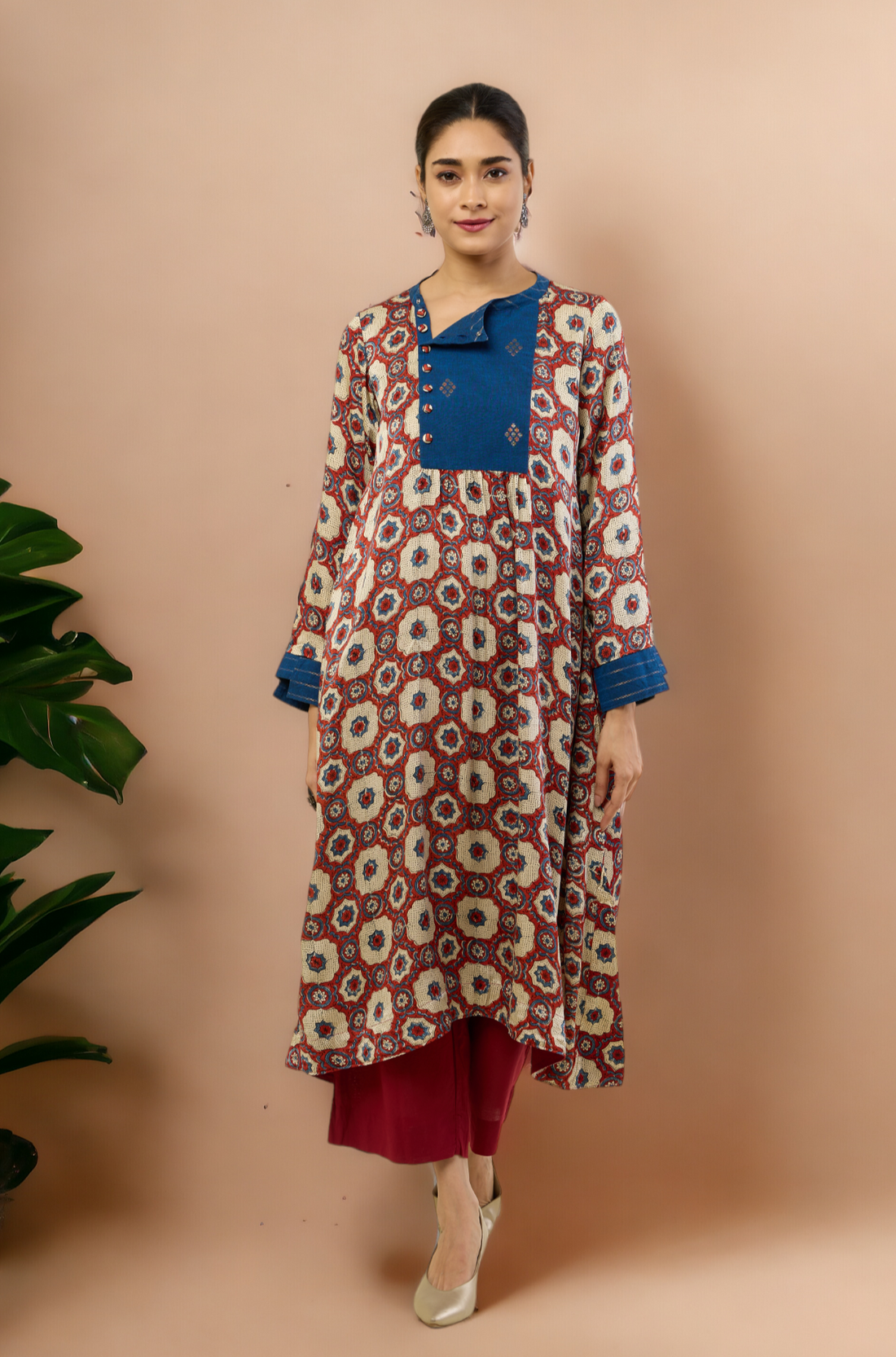 long zen yoke modal silk ajrakh kurta with pockets - madder skies & mughal elegance