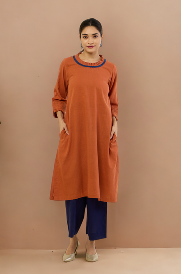 pleated neck & sleeves kurta with low slit - Autumnal Rust & Harmonious Songs