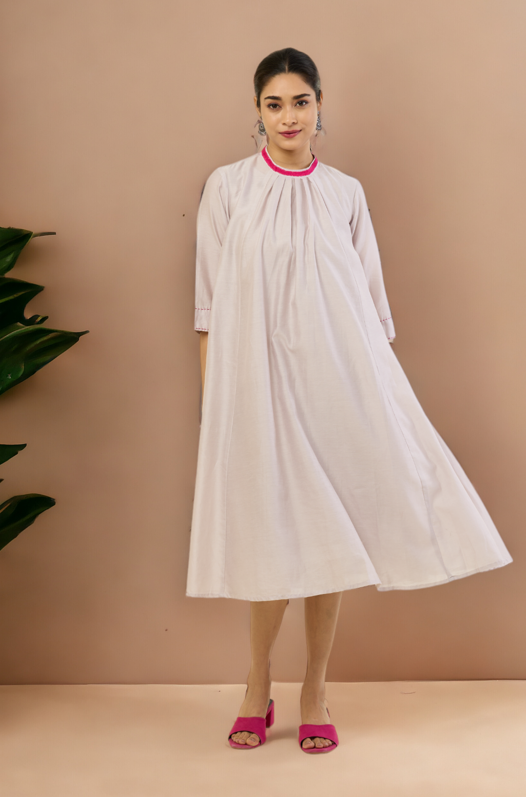 crew neck silk pleated dress - moon whispers & silver blush
