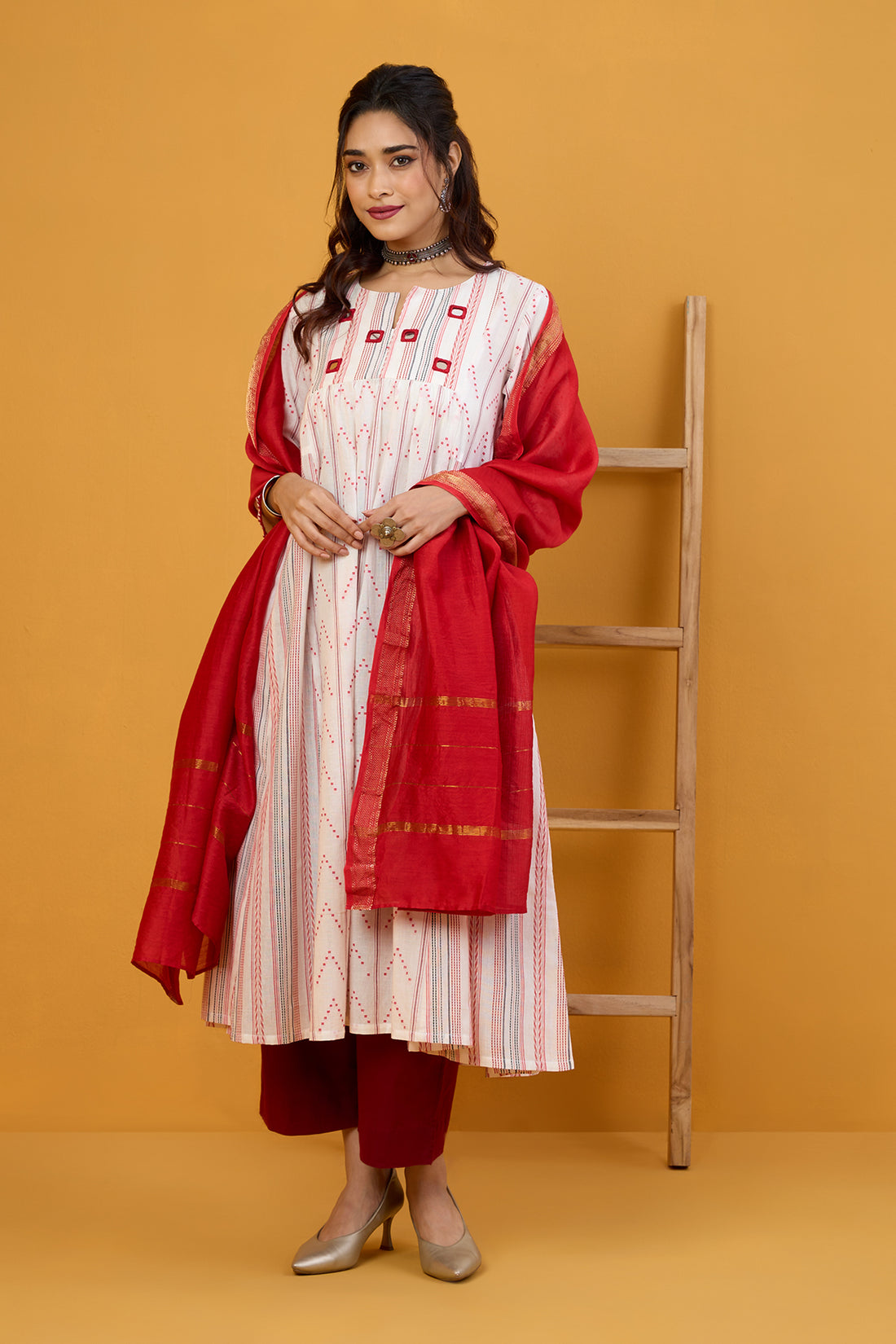 Ruby Frost A-line Side Gather Cotton Kurta with Mirror work