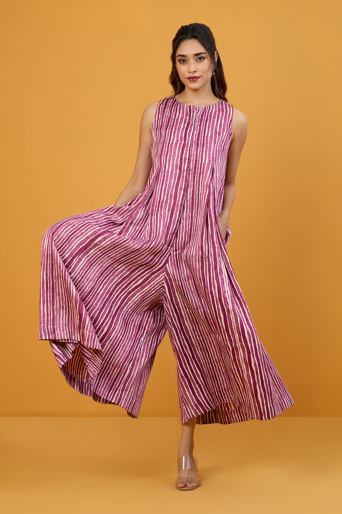 Vivid Magenta Stripes Sleeveless Button Down Jumpsuit