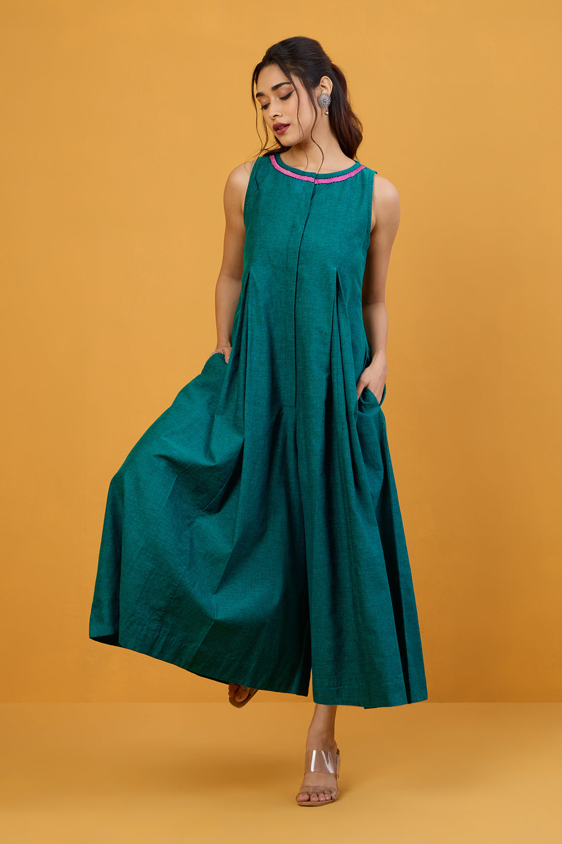 Teal Rose Whisper Sleeveless Cotton Jumpsuit with Pockets