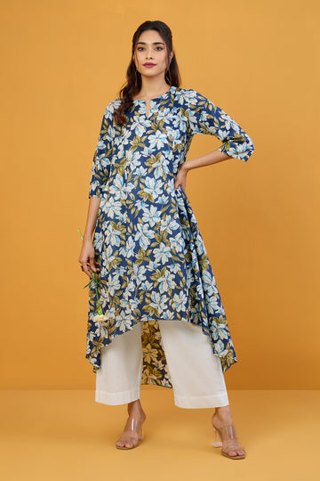 Blue Iris White Blooms Asymmetrical Waterfall Kurta